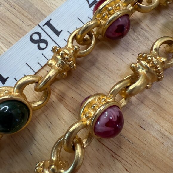 Gold Tone & Glass Beaded Toggle Necklace & Clip-On Earring Set With Red & Green - Picture 14 of 15